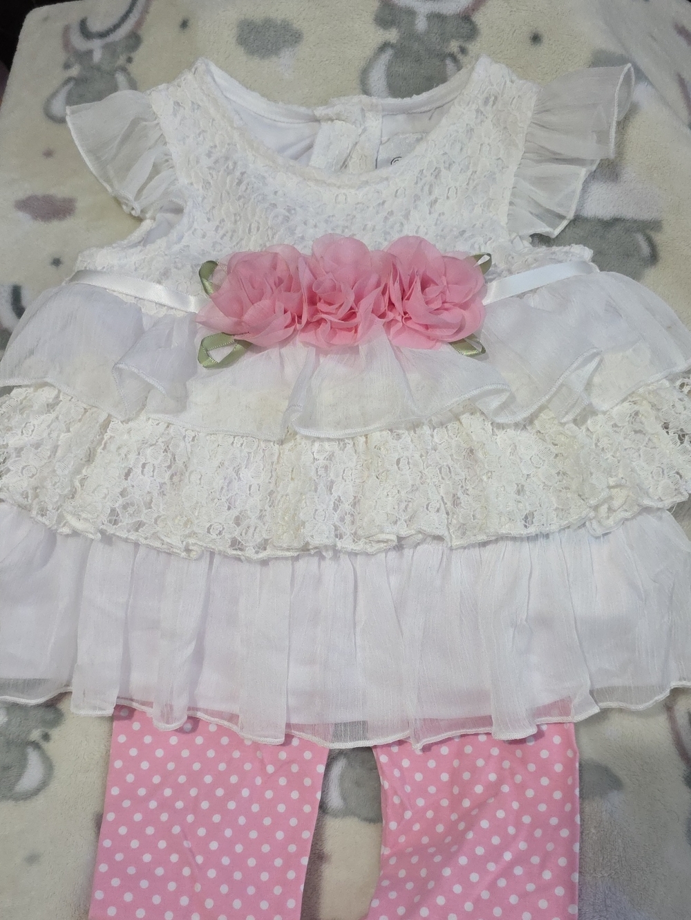 Rare Editions White Lace Tunic with Pink Rosette Accents